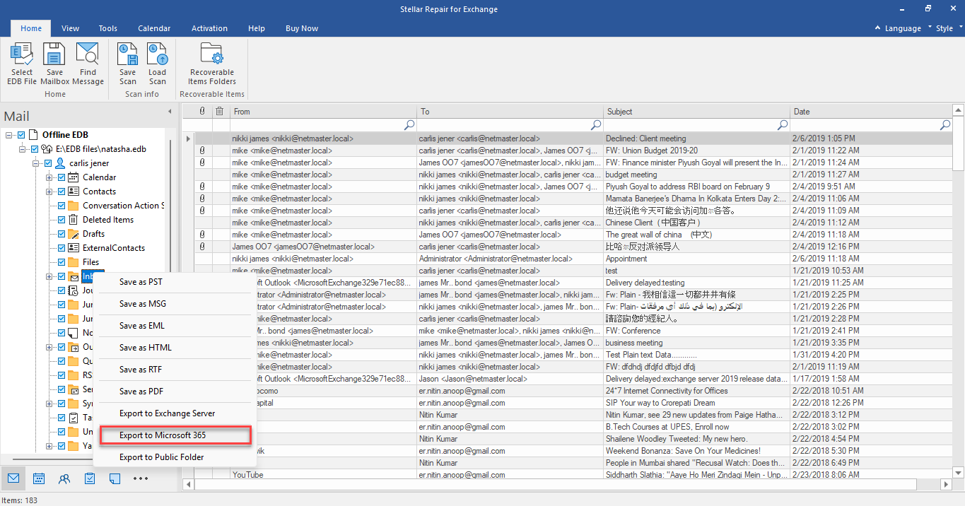 After the scan, right-click on any mailbox and select the Export to Microsoft 365 option.